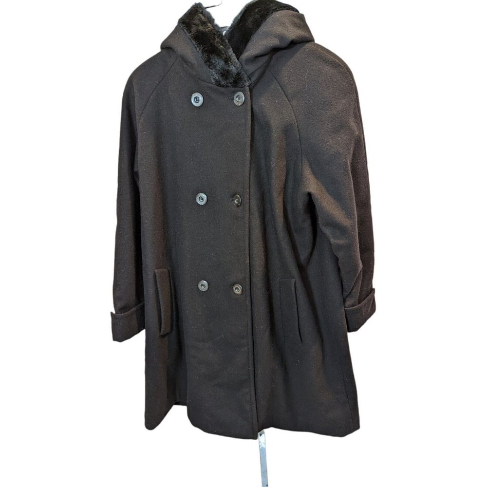 BRAETAN BLACK WOOL JACKET Collar and Cuffs Hood Short Coat Size 14